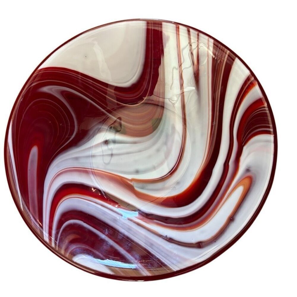 Hand Made Fused Glass Red & White 10” Bowl